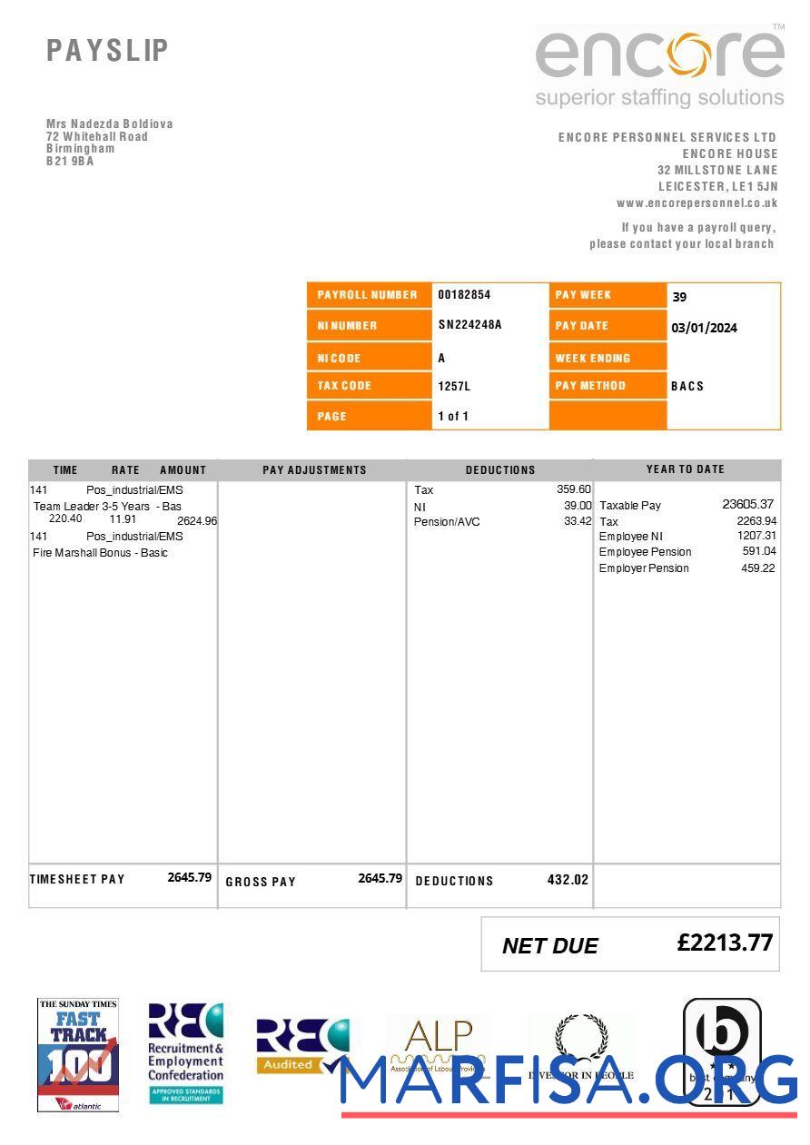 Downloadable Encore Personnel Services (recruitment) payslip download for verification
